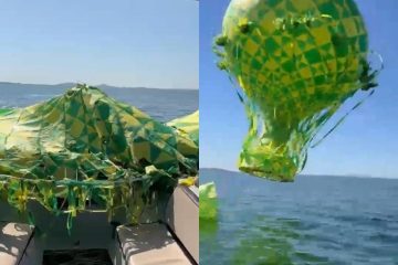 Crime Ambiental: Balão cai na Lagoa de Araruama e é recolhido por dono de barco