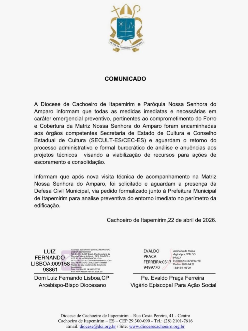 Igreja histórica em Itapemirim, segue já interdita e sem prazo de reabertura