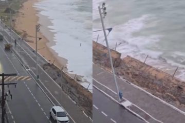 Ressaca avança sobre praia de Macaé e destrói calçadão