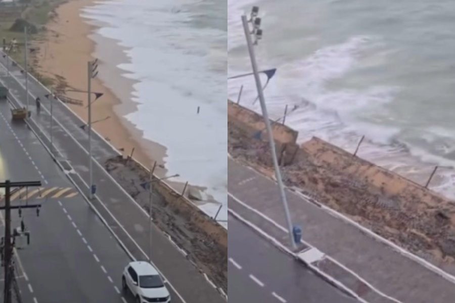 Ressaca avança sobre praia de Macaé e destrói calçadão